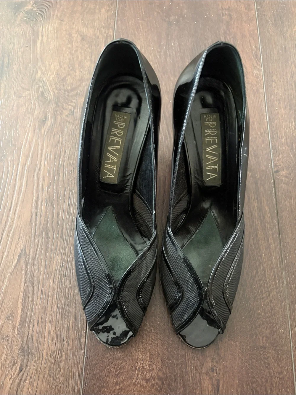 Prevata Black Patent & Fabric Peep-Toe Pumps